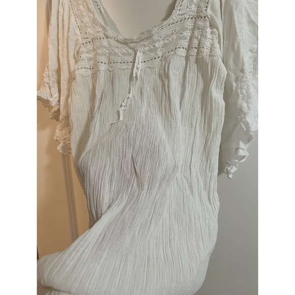 Doen Square neckline with crochet scallop trim, flutter sleeves, pleated Dress L - Picture 9 of 14